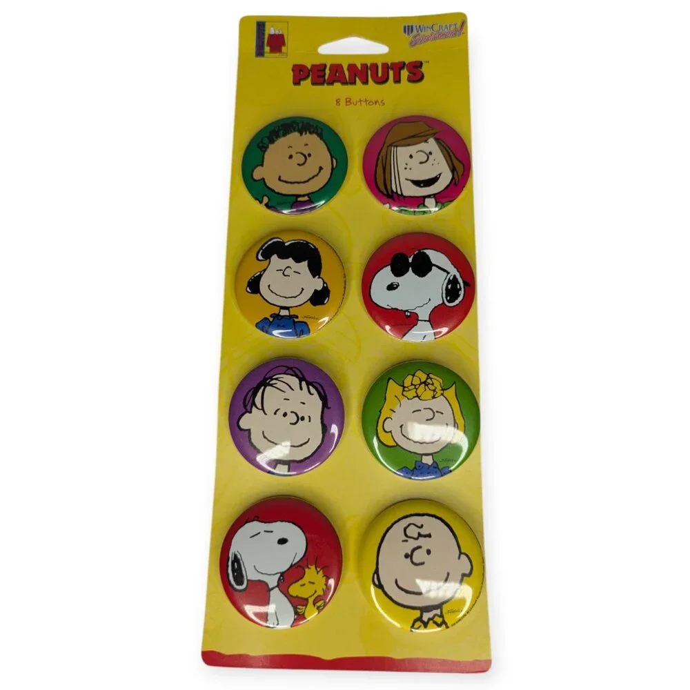 Vintage 1998 Wincraft Peanuts Pinback Buttons Set of 8 On Card Sealed NOS